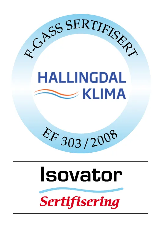 Merke for F-Gass sertifisering for Hallingdal Klima, utstedt av Isovator Sertifisering. Undertekst EF 303 / 2008.