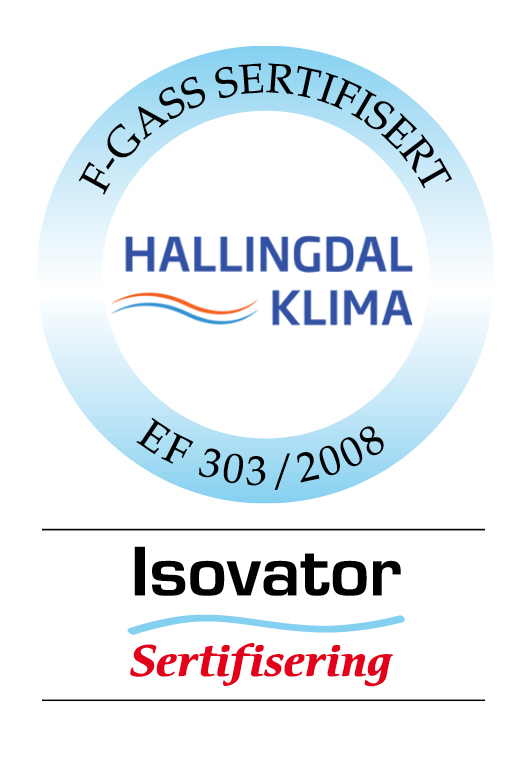 Merke for F-Gass sertifisering for Hallingdal Klima, utstedt av Isovator Sertifisering. Undertekst EF 303 / 2008.